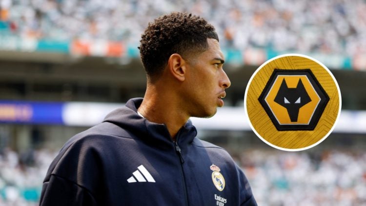 An image of Real Madrid midfielder Jude Bellingham and an inset of the Wolves badge