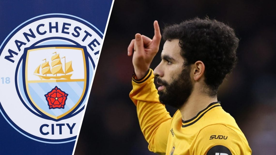 Manchester City badge (left), Wolves player Rayan Ait-Nouri (right)