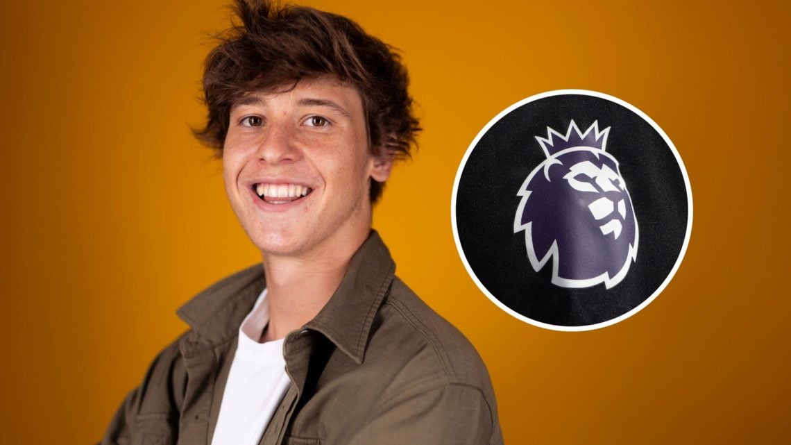 An image of Wolves signing Fer Lopez and inset of the Premier League badge