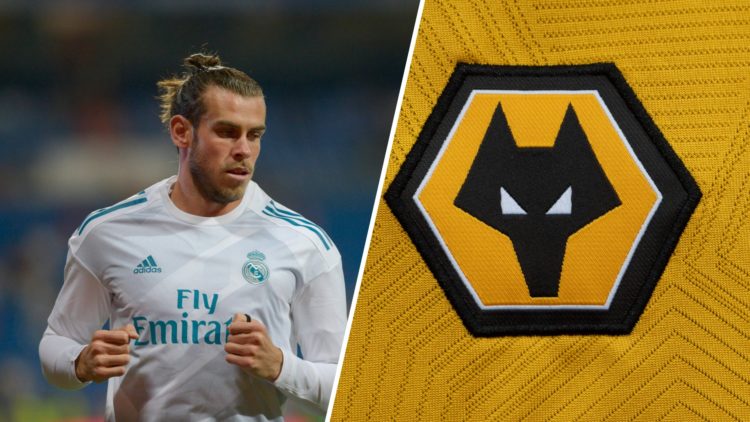 A split image of Gareth Bale and the Wolves badge