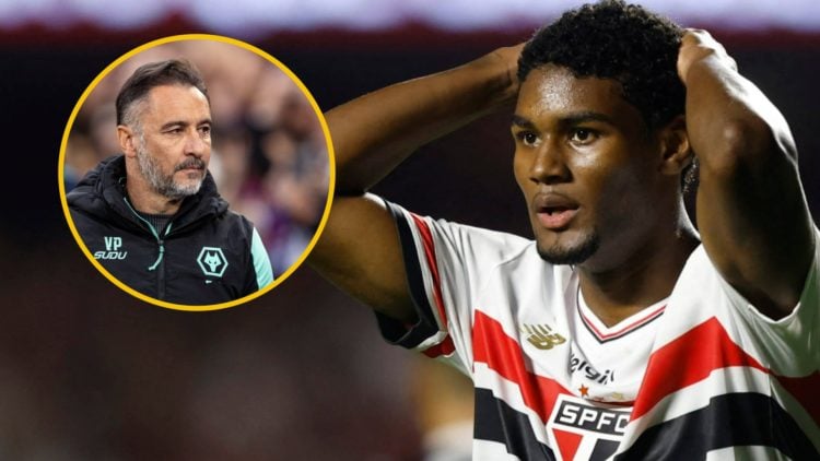 Sao Paulo winger Lucas Ferreira reacts (right), Wolves manager Vitor Pereira looks on (inset)