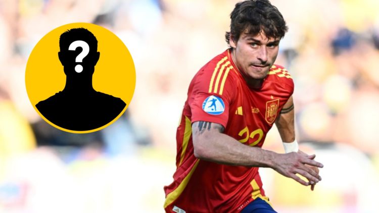Hugo Bueno during the UEFA European Under-21 Championship 2025 Group Stage match between Spain and Romania, inset, mystery icon.
