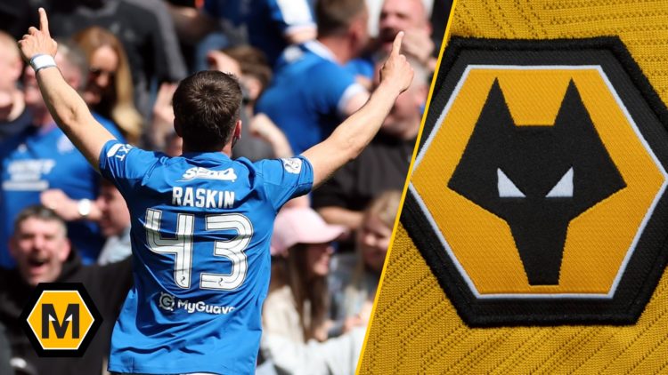 Split image of (L) Nicolas Raskin celebrates during the William Hill Premiership match between Rangers and Celtic and (R) A detailed view of a Wolv...