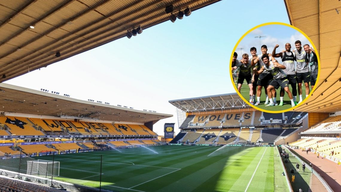 A general view of Molineux (central), Wolves players in training (inset)