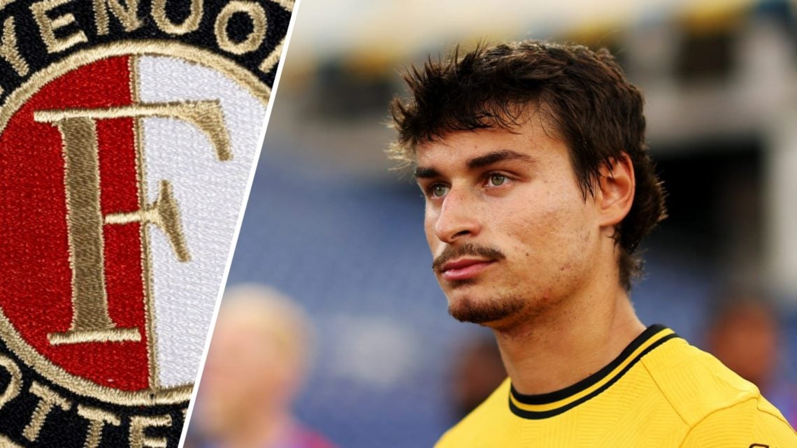 Feyenoord badge (left), Hugo Bueno in a Wolves shirt (right)