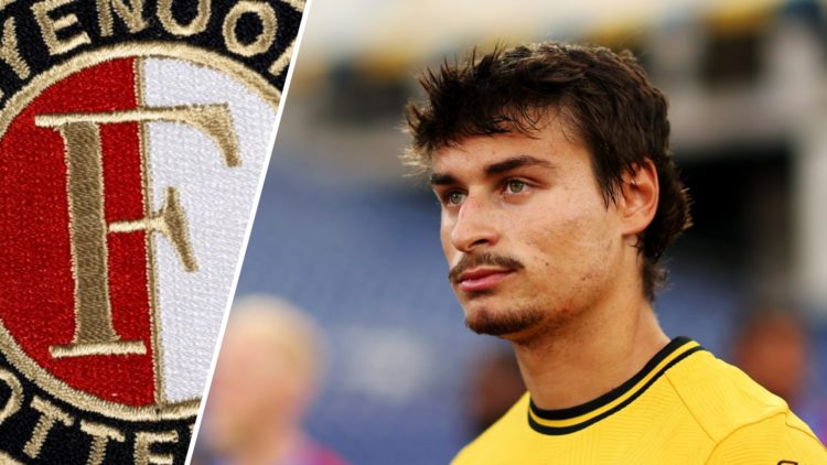Feyenoord badge (left), Hugo Bueno in a Wolves shirt (right)