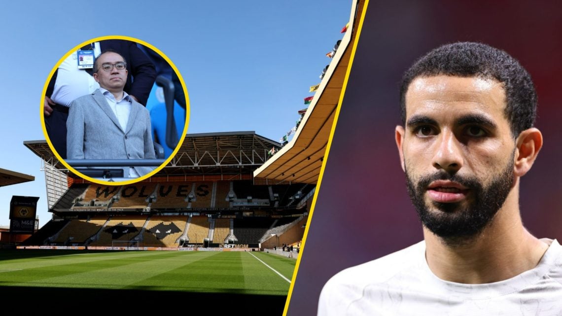 A general view of Molineux (left), Rayan Ait-Nouri playing for Manchester City (right), Wolves chairman Jeff Shi (inset)