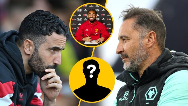 Split image of (L) Ruben Amorim during the Premier League match between Bournemouth and Manchester United and (R) Vitor Pereira prior to the Premie...