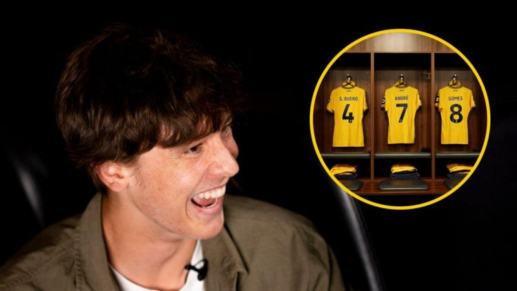Fer Lopez smiles after signing for Wolves (left), various Wolves shirts and numbers (inset)
