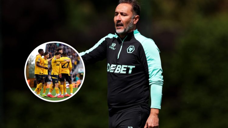 An image of Vitor Pereira with an inset of Rodrigo Gomes surrounded by Wolves teammates