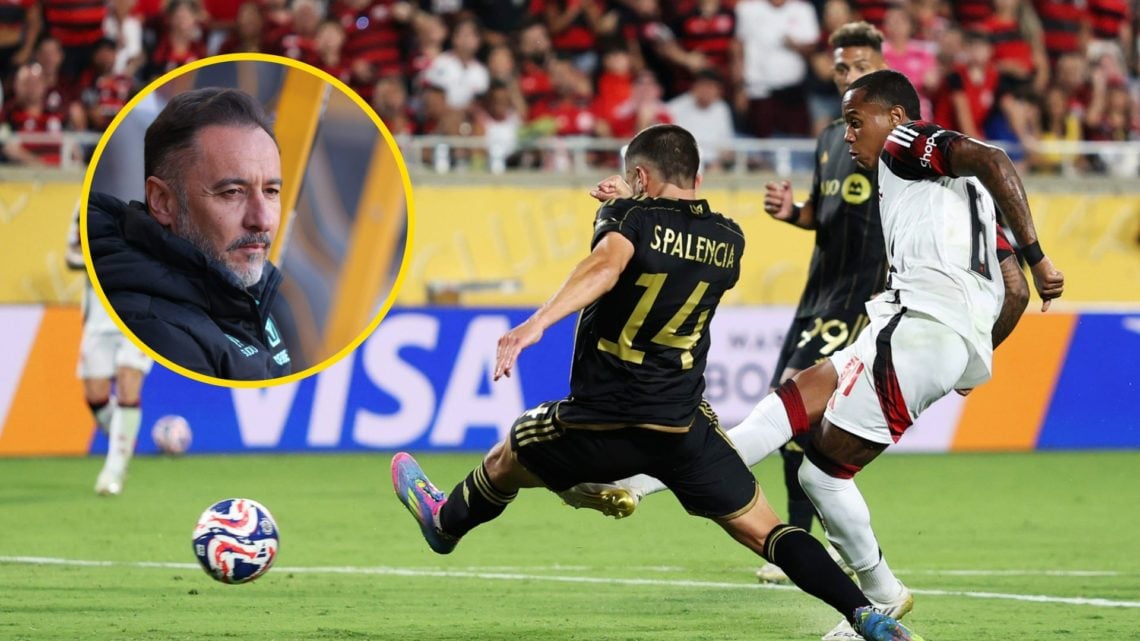 Wallace Yan scoring for Flamengo at the Club World Cup against LAFC (right), Wolves manager Vitor Pereira looks on (inset)