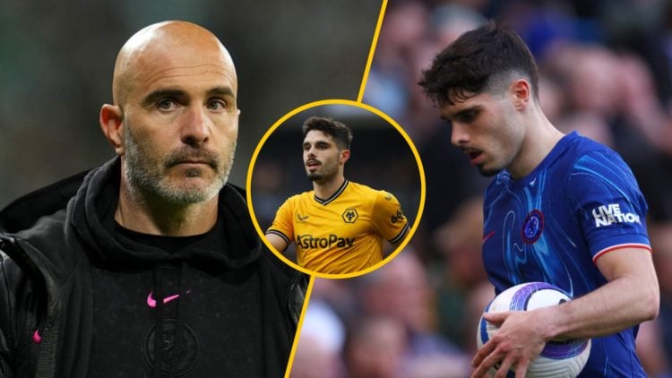 Split image of (L) Enzo Maresca during the UEFA Conference League Final 2025 between Real Betis Balompie and Chelsea and (R) Pedro Neto during the ...