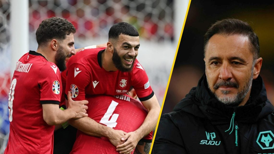 Georges Mikautadze celebrates with his Georgia teammates (left), Wolves manager Vitor Pereira looks on at Molineux (right)