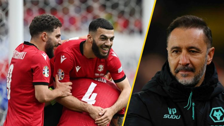 Georges Mikautadze celebrates with his Georgia teammates (left), Wolves manager Vitor Pereira looks on at Molineux (right)