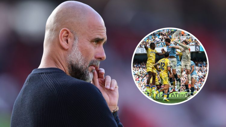 An image of Pep Guardiola with an inset of Stefan Ortega surrounded by teammates