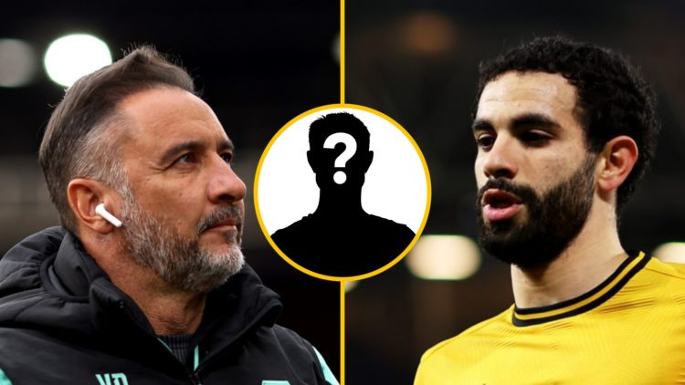 Wolves manager Vitor Pereira looks on (left), Rayan Ait-Nouri playing for Wolves (right), mystery player (inset)