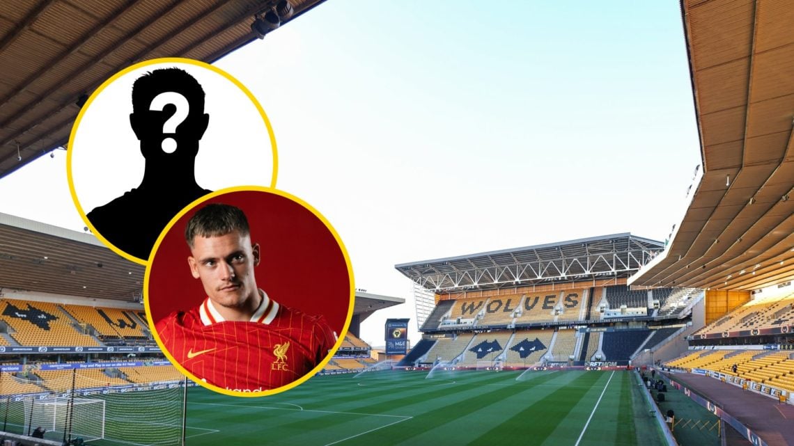 A general view of Molineux (right), mystery player (upper inset), Florian Wirtz after signing for Liverpool (lower inset)