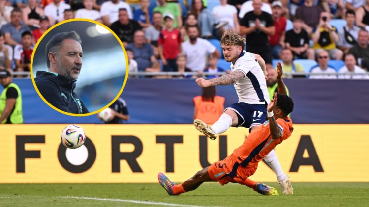 Harvey Elliott shooting for England (right), Wolves manager Vitor Pereira looks on (right)