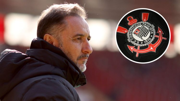 Wolves manager Vitor Pereira looks on (left), Corinthians badge (right)