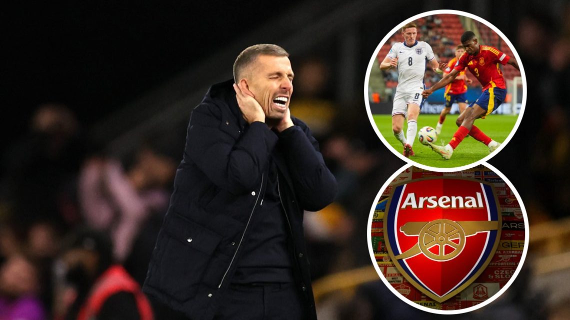 An image of Gary O'Neil with an inset of the Arsenal badge and Christhian Mosquera