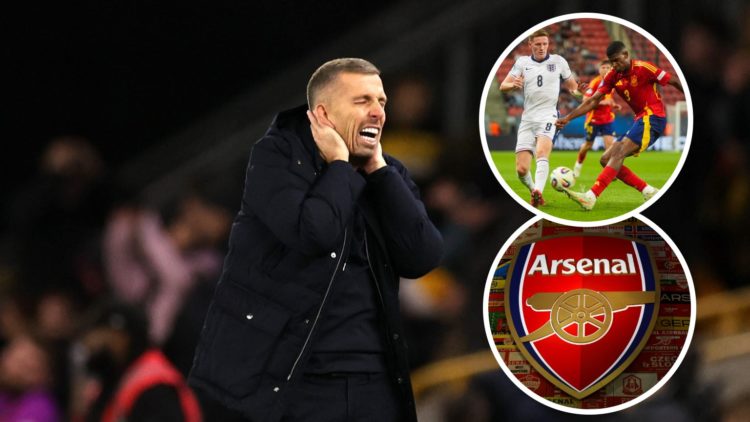 An image of Gary O'Neil with an inset of the Arsenal badge and Christhian Mosquera