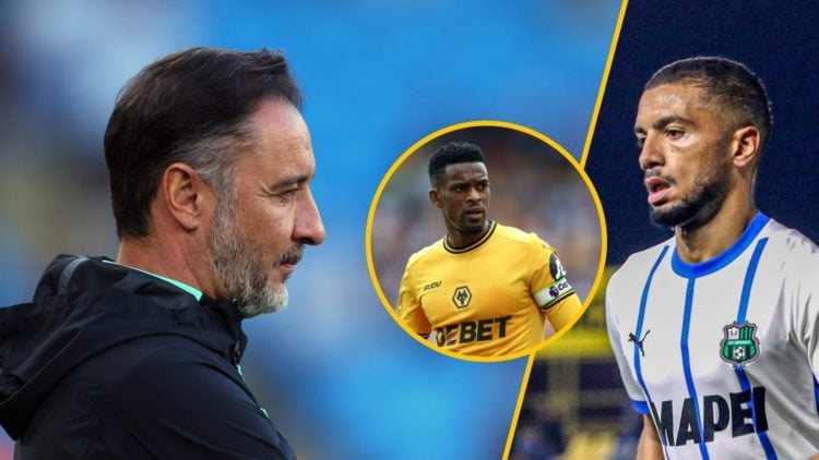 Wolves manager Vitor Pereira watches on (left), Jeremy Toljan playing for Sassuolo (right), Nelson Semedo captaining Wolves (inset)