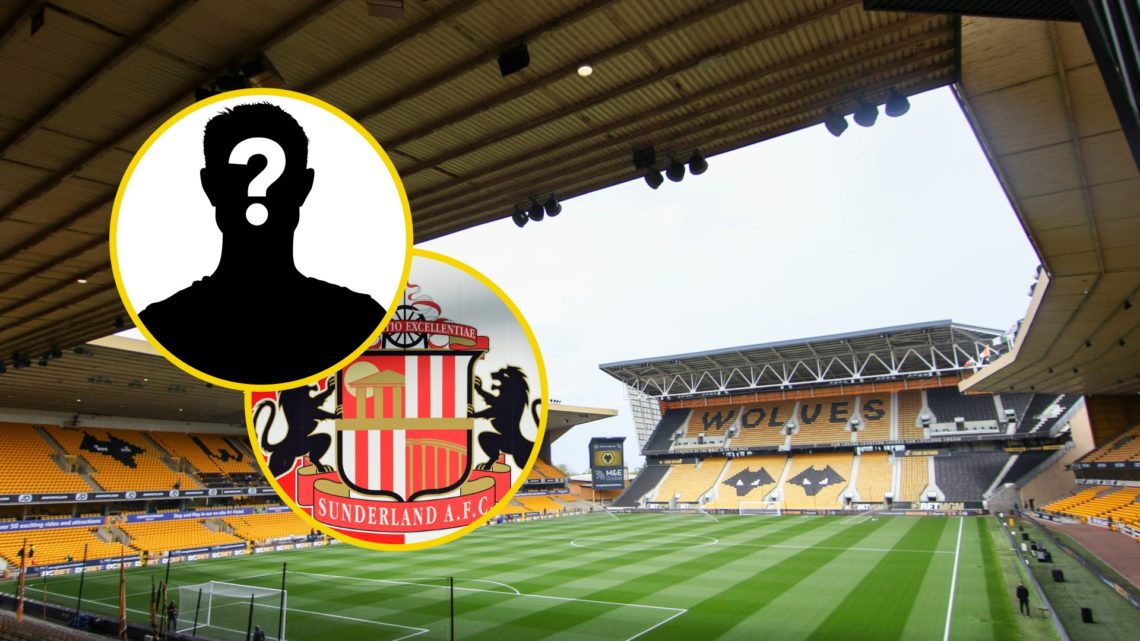 A general view of Molineux (central), Sunderland badge (lower inset), mystery player (upper inset)