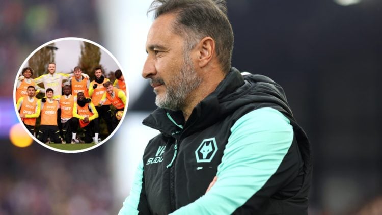 An image of Vitor Pereira with an inset of Pedro Lima surrounded by Wolves teammates