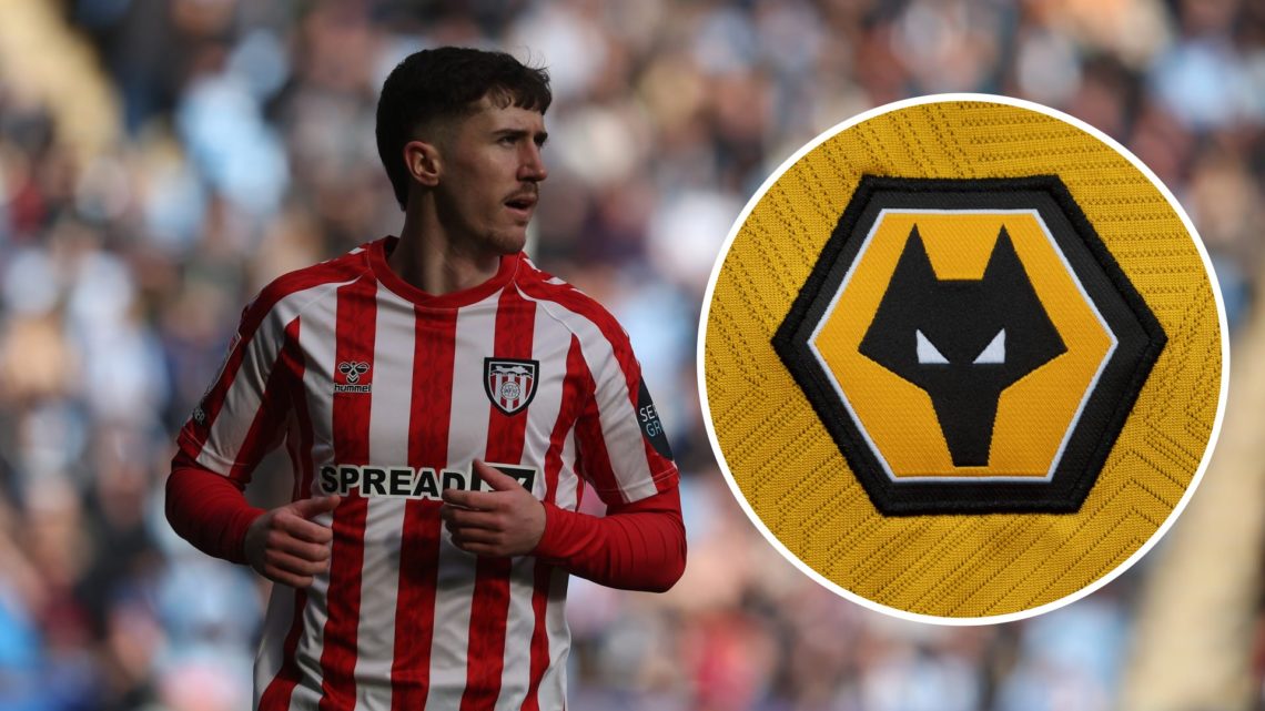 Trai Hume features for Sunderland in the Sky Bet Championship (left), Wolves club badge (right)