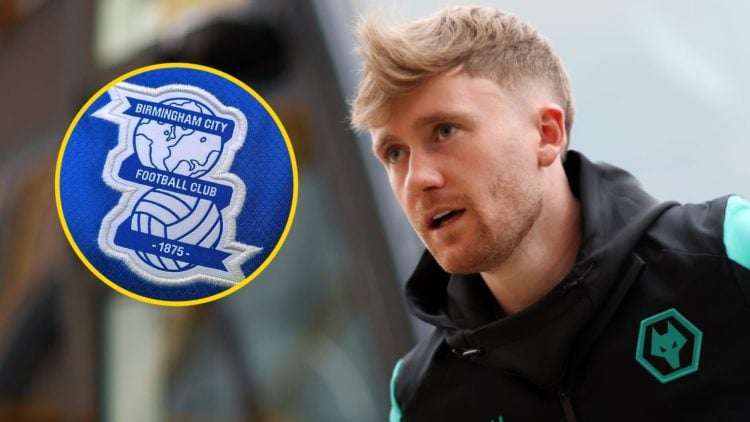 Tommy Doyle prior to the Premier League match between Wolverhampton Wanderers and Aston Villa, inset, A detailed view of a Birmingham City crest pr...