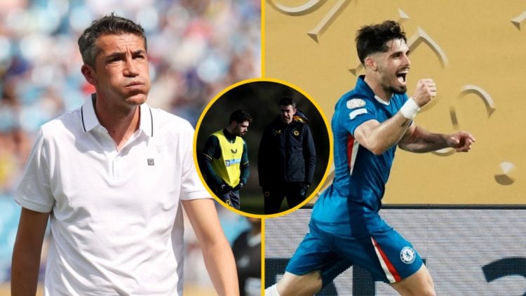 Split image of (L) Bruno Lage during the FIFA Club World Cup 2025 match between Benfica and Chelsea and (R) Pedro Neto celebrates after scoring dur...