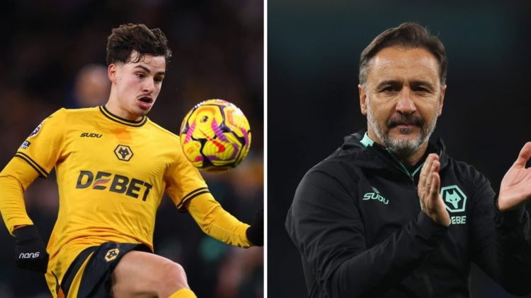 Rodrigo Gomes controls the ball for Wolves (left), Wolves manager Vitor Pereira applauds the fans (right)