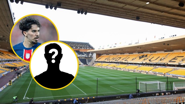 A general view of Molineux Stadium (central), PSG midfielder Vitinha (upper inset), mystery player (lower inset)