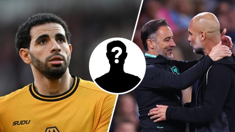 Rayan Ait-Nouri playing for Wolves (left), Vitor Pereira and Pep Guardiola embrace (right), mystery player (inset)