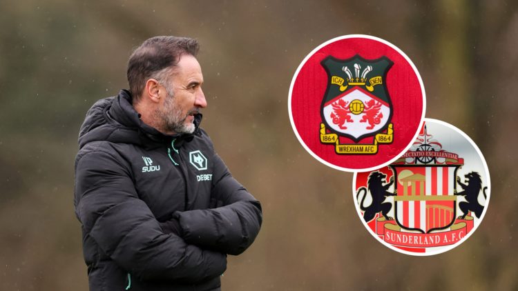 Vitor Pereira in Wolves training (left), Wrexham badge (upper inset), Sunderland badge (lower inset)