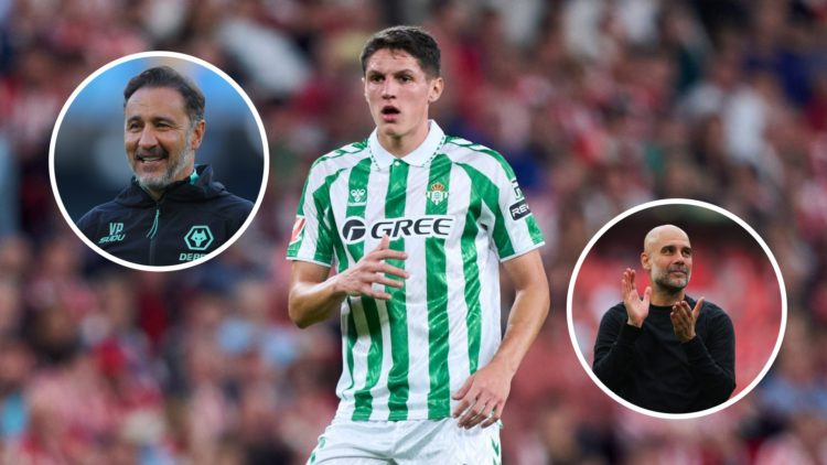 Sergio Altimira playing for Real Betis (central), Wolves manager Vitor Pereira (left inset), Manchester City manager Pep Guardiola applauding (righ...