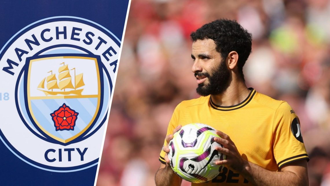 Manchester City badge (left), Rayan Ait-Nouri playing for Wolves (right)