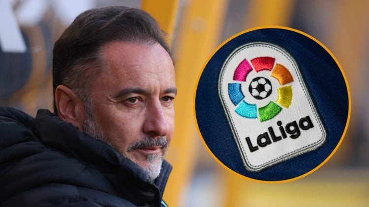 Vitor Pereira watches his Wolves team at Molineux (left), La Liga badge (right)