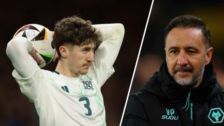 Trai Hume taking a throw in for Northern Ireland (left), Wolves manager Vitor Pereira looks on (right)