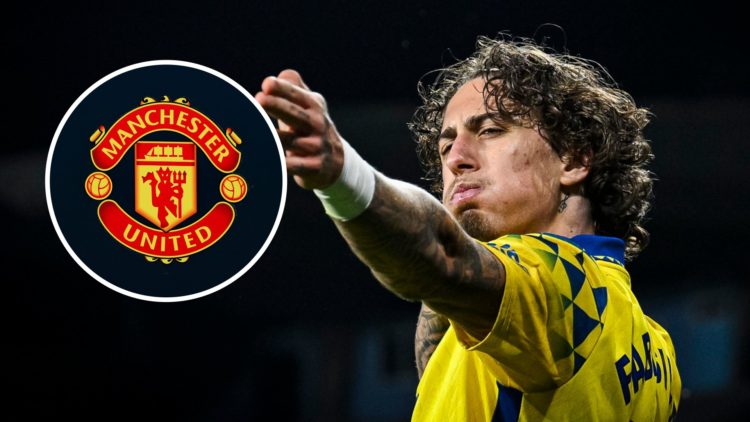 Fábio Silva celebrated during the LaLiga match between RC Celta de Vigo and UD Las Palmas, inset, the Manchester United club badge is seen during t...
