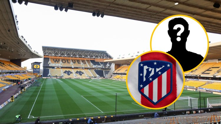 A general view of Molineux (central), Atletico Madrid badge (upper inset), mystery player (lower inset)