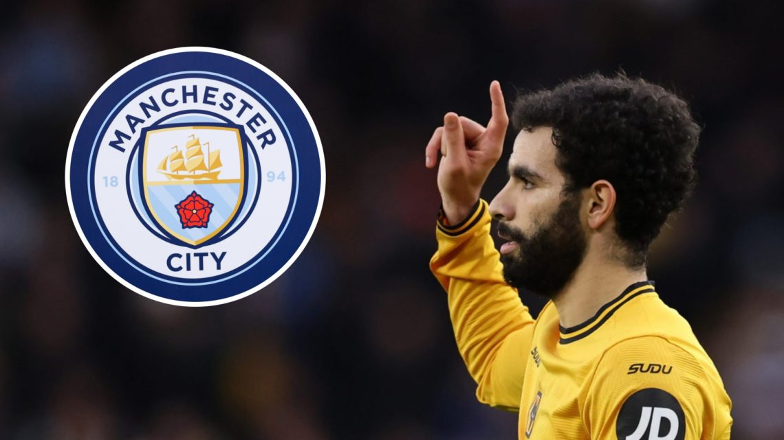 Rayan Ait-Nouri raises his finger (right), Manchester City badge (inset)