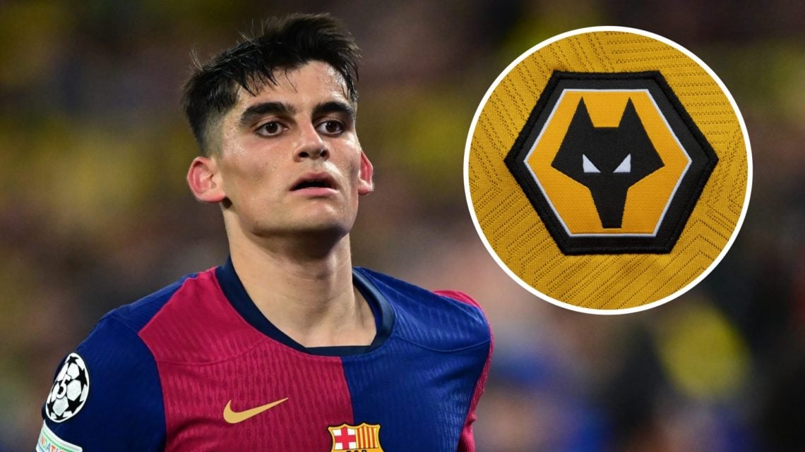 Gerard Martin features for Barcelona vs Borussia Dortmund (left) and Wolves badge (right)