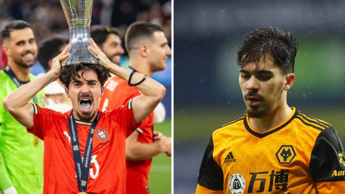 Vitinha lifts the UEFA Nations League trophy for Portugal (left), Vitinha looks gutted playing for Wolves (right)