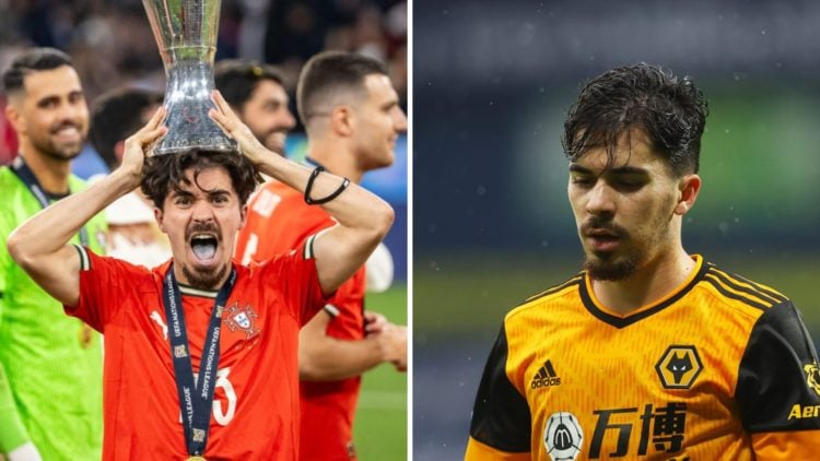 Vitinha lifts the UEFA Nations League trophy for Portugal (left), Vitinha looks gutted playing for Wolves (right)