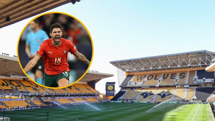 A general view of the ground during the Premier League match between Wolverhampton Wanderers and West Ham United, inset, Ruben Neves after scoring ...