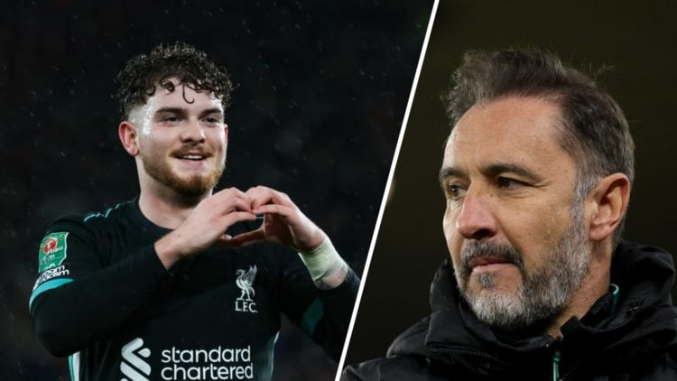 Harvey Elliott makes a heart gesture playing for Liverpool (left), Wolves manager Vitor Pereira looks on (right)