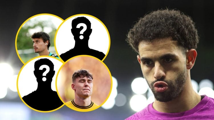 Former Wolves player Rayan Ait-Nouri (right), two mystery player insets, Wolves striker Jorgen Strand Larsen (bottom right inset), Hugo Bueno (top ...