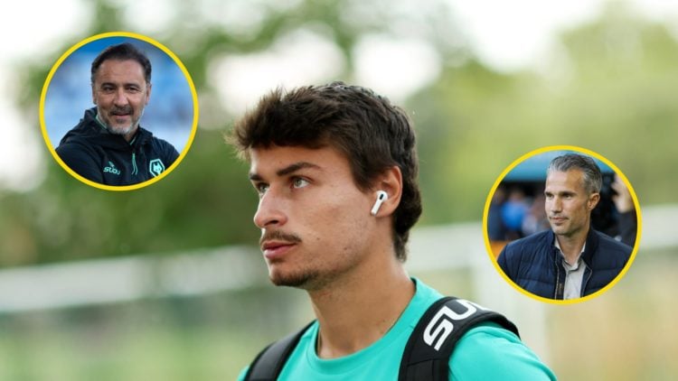 Wolves defender Hugo Bueno (central), Wolves manager Vitor Pereira (left), Feyenoord manager Robin van Persie (right)