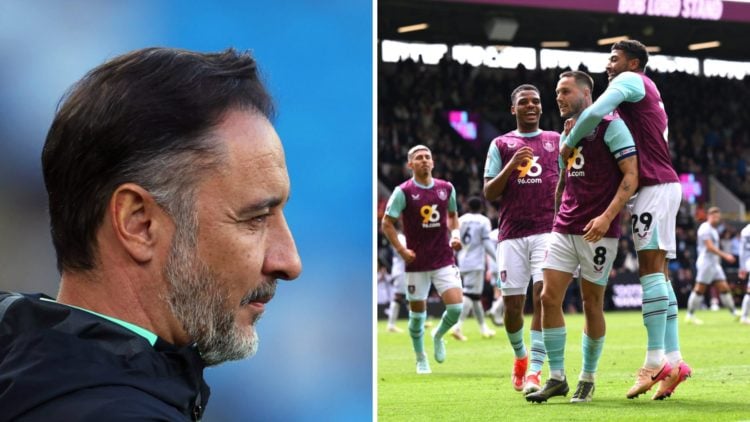 Wolves manager Vitor Pereira looks on (left), Burnley players including Josh Brownhill celebrate (right)